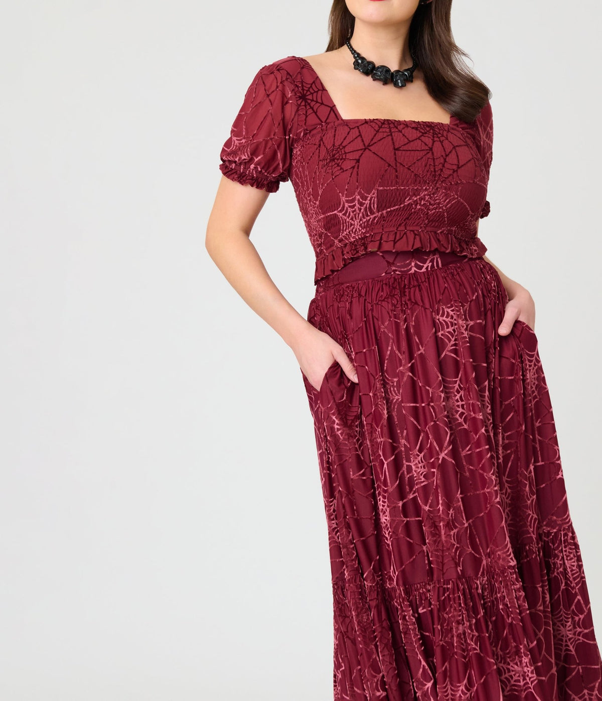 Unique Vintage Burgundy Spider Web Burnout Tiered Midi Skirt - Unique Vintage - Midi Skirts