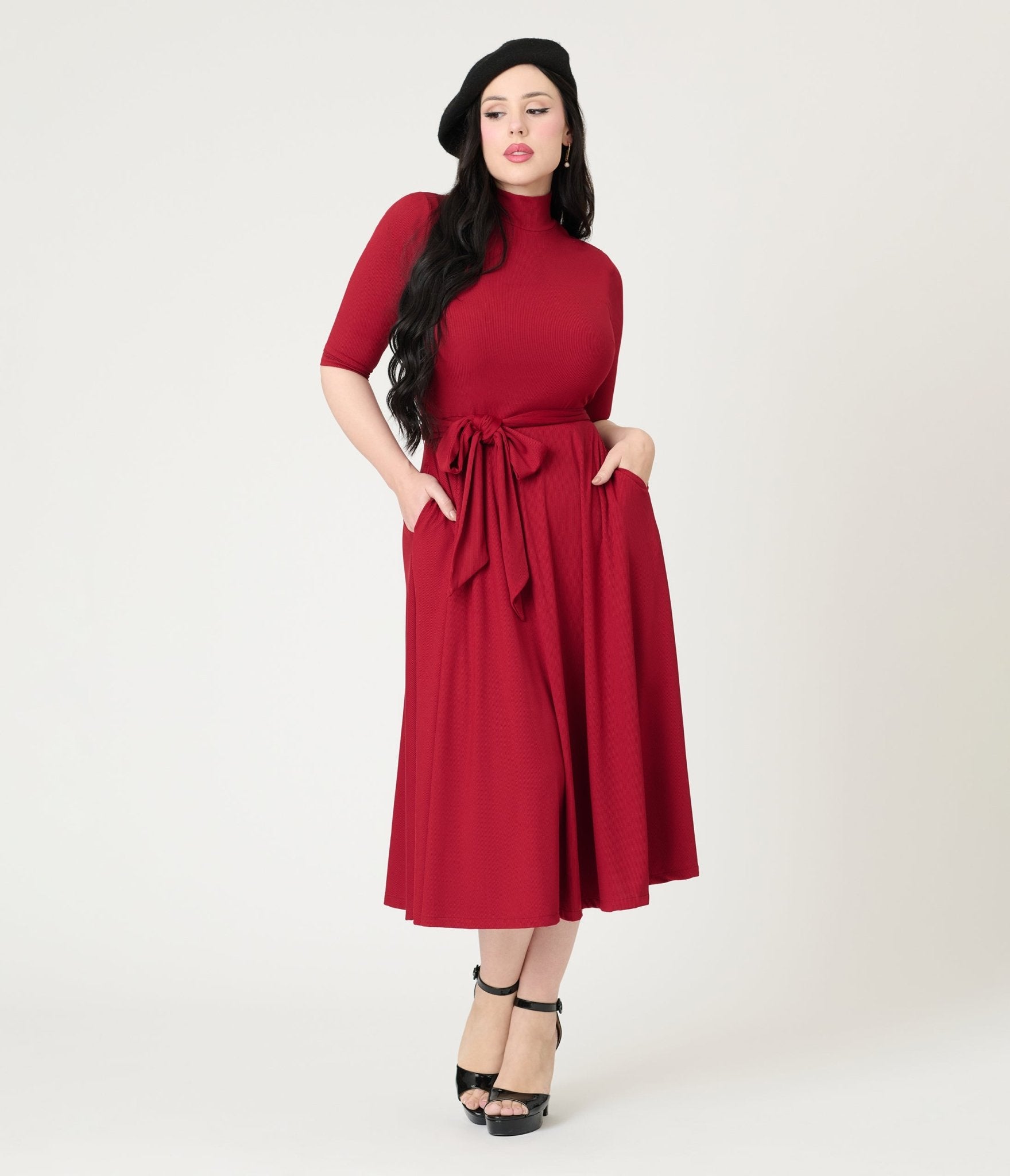 Unique Vintage Burgundy Turtleneck Midi Dress - Unique Vintage - Womens, DRESSES, FIT AND FLARE