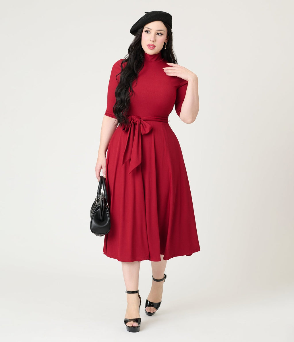 Unique Vintage Burgundy Turtleneck Midi Dress - Unique Vintage - Womens, DRESSES, FIT AND FLARE
