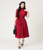 Unique Vintage Burgundy Turtleneck Midi Dress - Unique Vintage - Womens, DRESSES, FIT AND FLARE