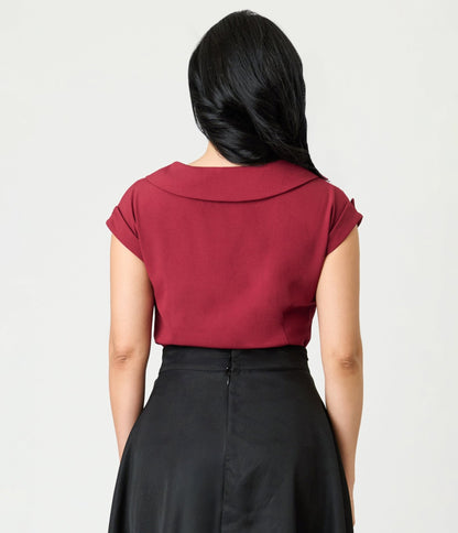 Unique Vintage Burgundy Twill Sleeveless Blouse - Unique Vintage - Womens, TOPS, WOVEN TOPS
