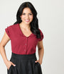 Unique Vintage Burgundy Twill Sleeveless Blouse