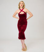 Unique Vintage Burgundy Velvet Embossed Halter Penelope Dress - Unique Vintage - Womens, DRESSES, WIGGLE