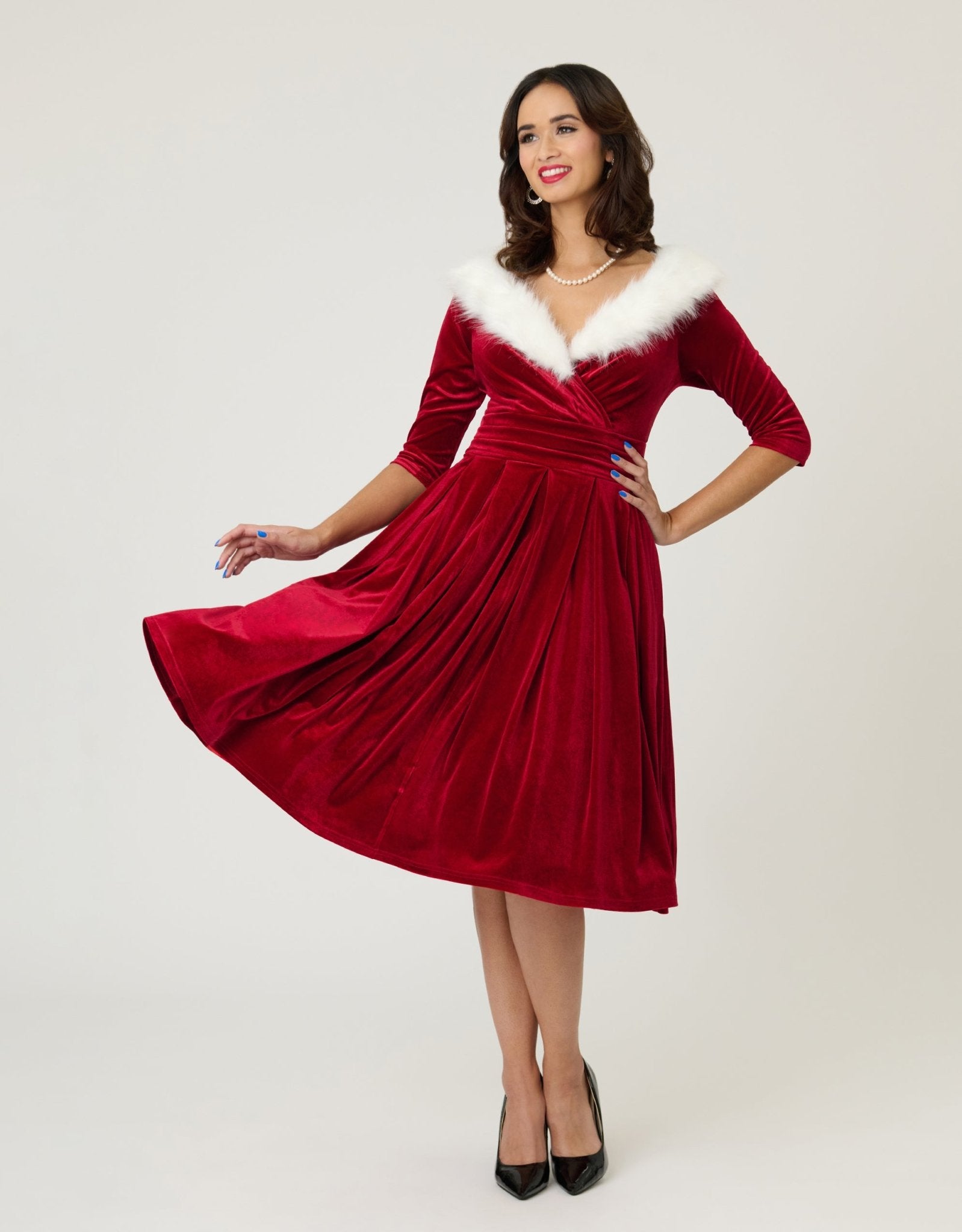 Unique Vintage Burgundy Velvet Fur Collared Marceline Swing Dress - Unique Vintage - Womens, DRESSES, SWING