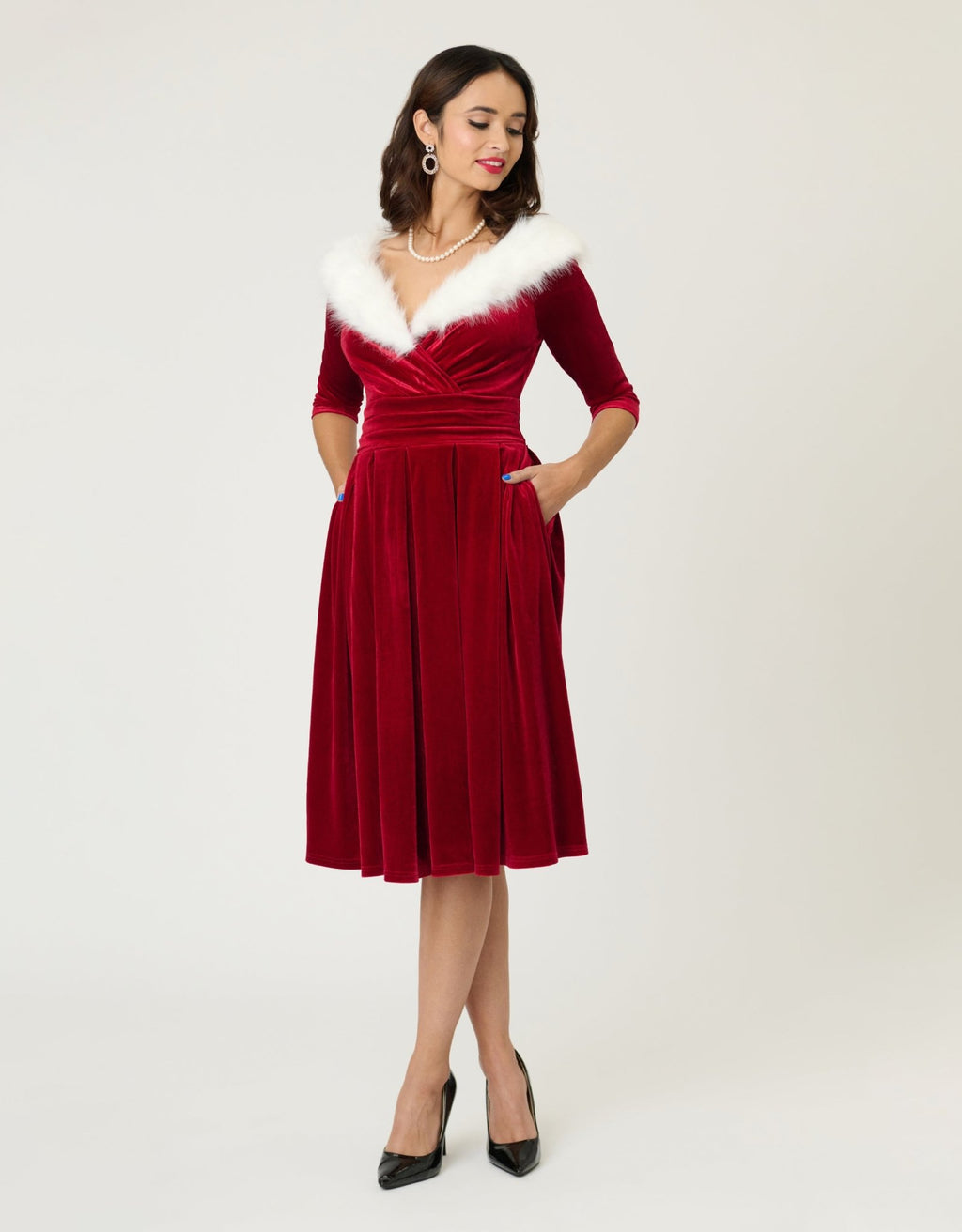 Unique Vintage Burgundy Velvet Fur Collared Marceline Swing Dress - Unique Vintage - Womens, DRESSES, SWING