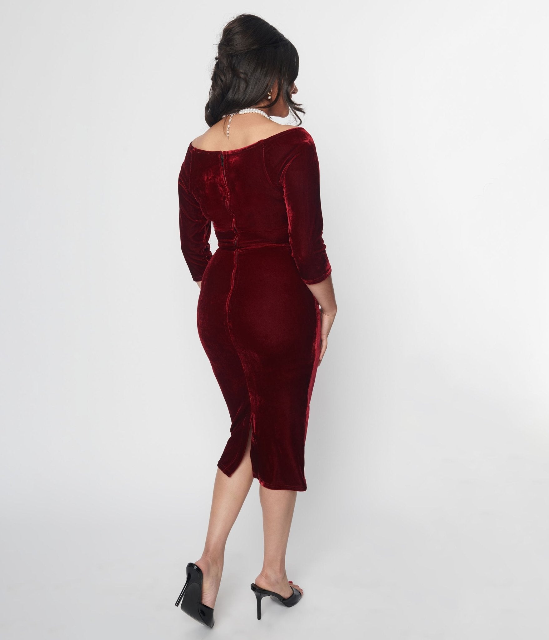 Unique Vintage Burgundy Velvet Off the Shoulder Surplice Pencil Dress - Unique Vintage - Womens, DRESSES, WIGGLE