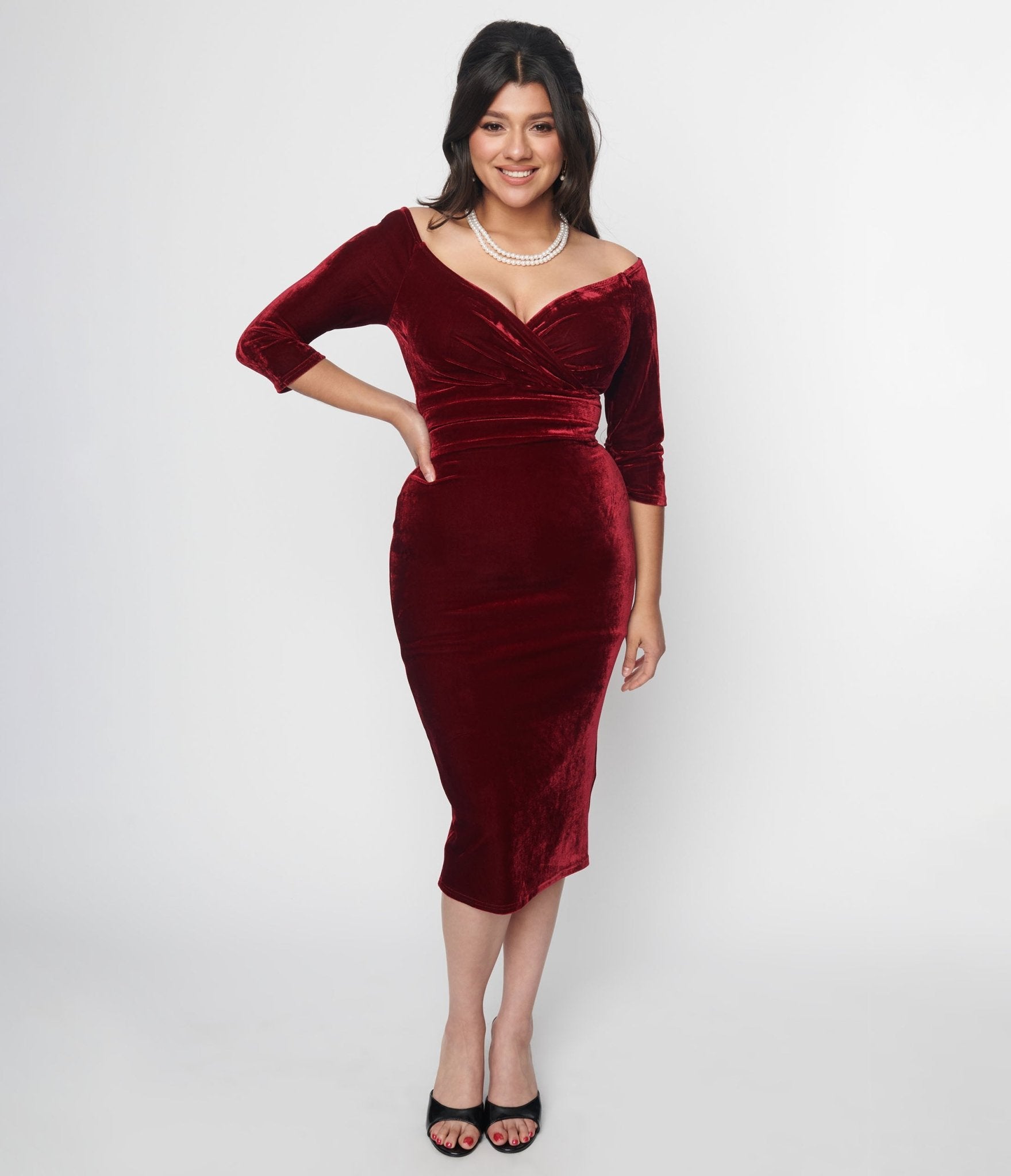 Unique Vintage Burgundy Velvet Off the Shoulder Surplice Pencil Dress - Unique Vintage - Womens, DRESSES, WIGGLE