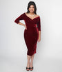 Unique Vintage Burgundy Velvet Off the Shoulder Surplice Pencil Dress