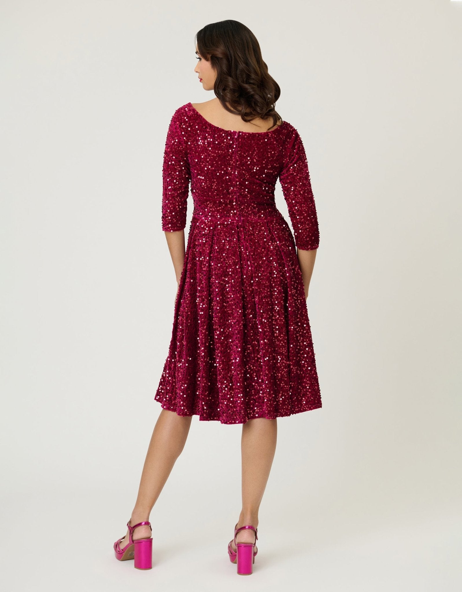 Unique Vintage Burgundy Velvet Sequin Marceline Swing Dress
