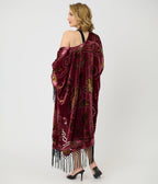 Unique Vintage Burgundy Western Burnout Velvet Fringe Kimono - Unique Vintage - Womens, FLAPPER, COATS