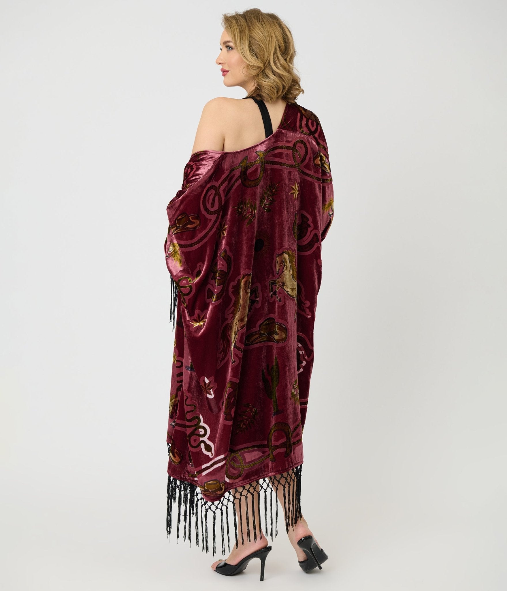 Unique Vintage Burgundy Western Burnout Velvet Fringe Kimono - Unique Vintage - Womens, FLAPPER, COATS