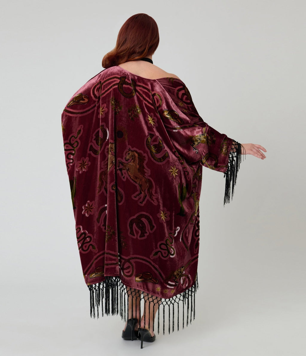 Unique Vintage Burgundy Western Burnout Velvet Fringe Kimono - Unique Vintage - Womens, FLAPPER, COATS