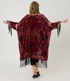 Unique Vintage Burgundy Western Burnout Velvet Fringe Kimono - Unique Vintage - Womens, FLAPPER, COATS