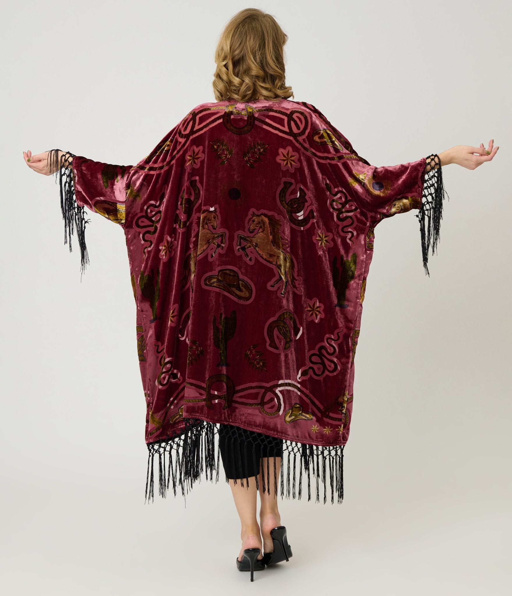 Unique Vintage Burgundy Western Burnout Velvet Fringe Kimono - Unique Vintage - Womens, FLAPPER, COATS