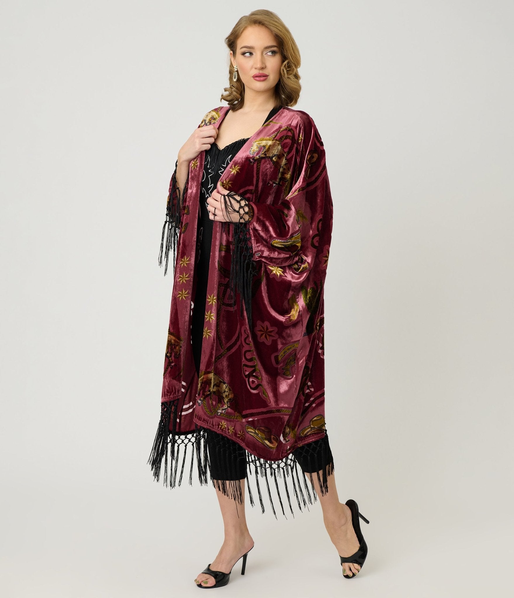 Unique Vintage Burgundy Western Burnout Velvet Fringe Kimono