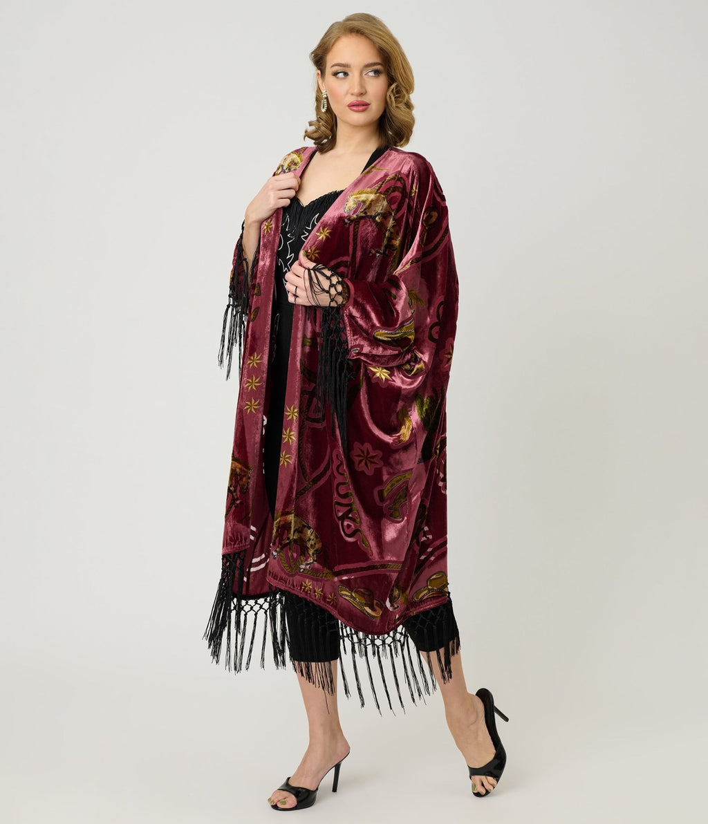 Unique Vintage Burgundy Western Burnout Velvet Fringe Kimono - Unique Vintage - Womens, FLAPPER, COATS