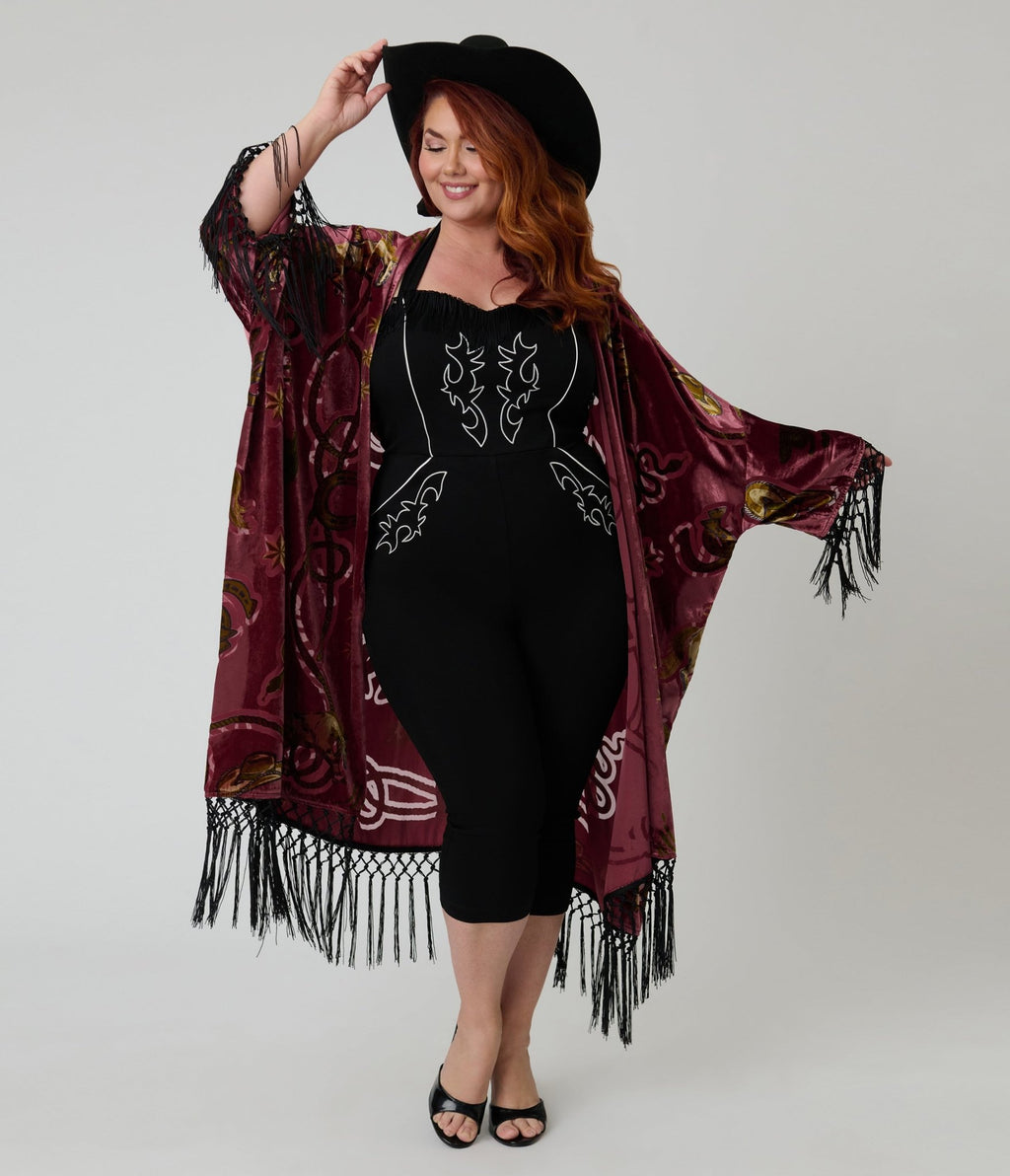Unique Vintage Burgundy Western Burnout Velvet Fringe Kimono - Unique Vintage - Womens, FLAPPER, COATS