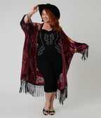 Unique Vintage Burgundy Western Burnout Velvet Fringe Kimono - Unique Vintage - Womens, FLAPPER, COATS