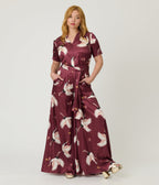 Unique Vintage Burgundy & White Cranes Flare Jumpsuit - Unique Vintage - Womens, BOTTOMS, ROMPERS AND JUMPSUITS