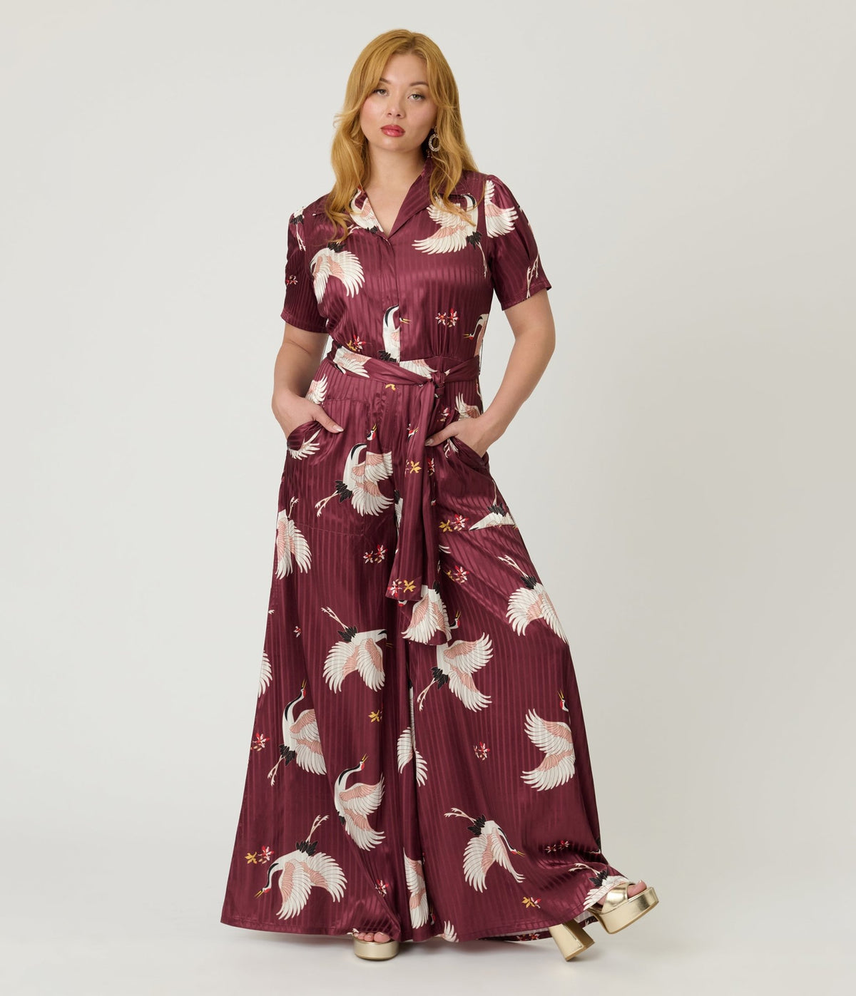 Unique Vintage Burgundy & White Cranes Flare Jumpsuit - Unique Vintage - Womens, BOTTOMS, ROMPERS AND JUMPSUITS