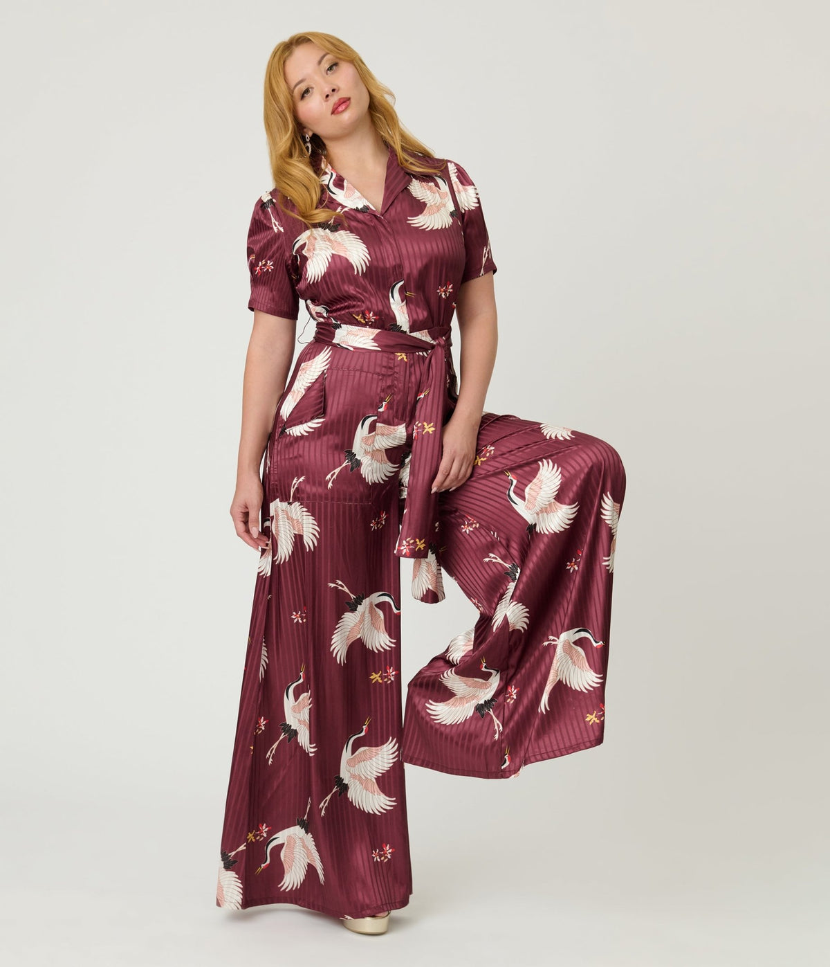Unique Vintage Burgundy & White Cranes Flare Jumpsuit - Unique Vintage - Womens, BOTTOMS, ROMPERS AND JUMPSUITS