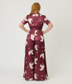 Unique Vintage Burgundy & White Cranes Flare Jumpsuit - Unique Vintage - Womens, BOTTOMS, ROMPERS AND JUMPSUITS