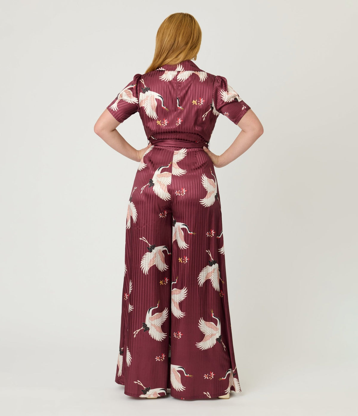 Unique Vintage Burgundy & White Cranes Flare Jumpsuit - Unique Vintage - Womens, BOTTOMS, ROMPERS AND JUMPSUITS
