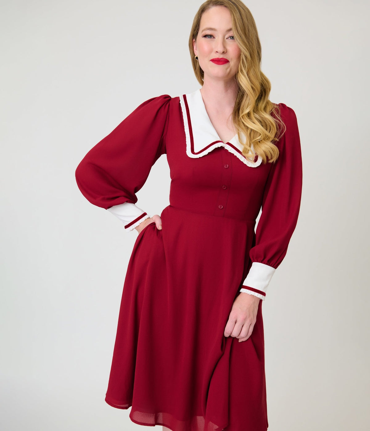 Unique Vintage Burgundy & White Pilgrim Collar Wendy Swing Dress - Unique Vintage - Swing Dress