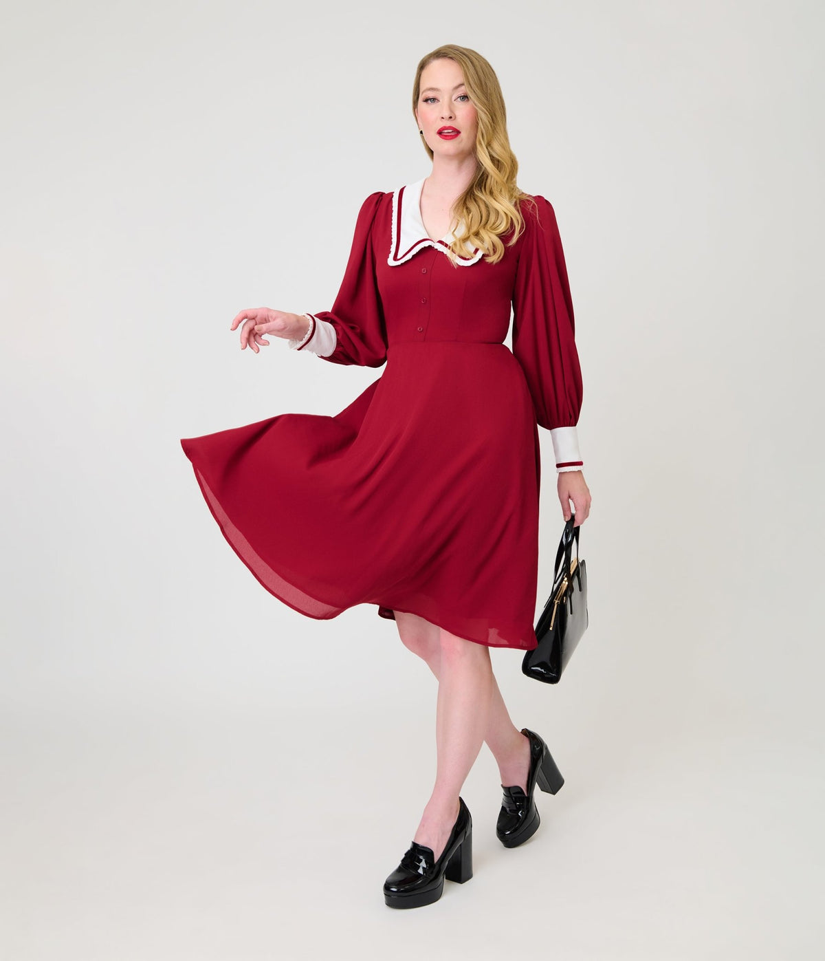 Unique Vintage Burgundy & White Pilgrim Collar Wendy Swing Dress - Unique Vintage - Swing Dress