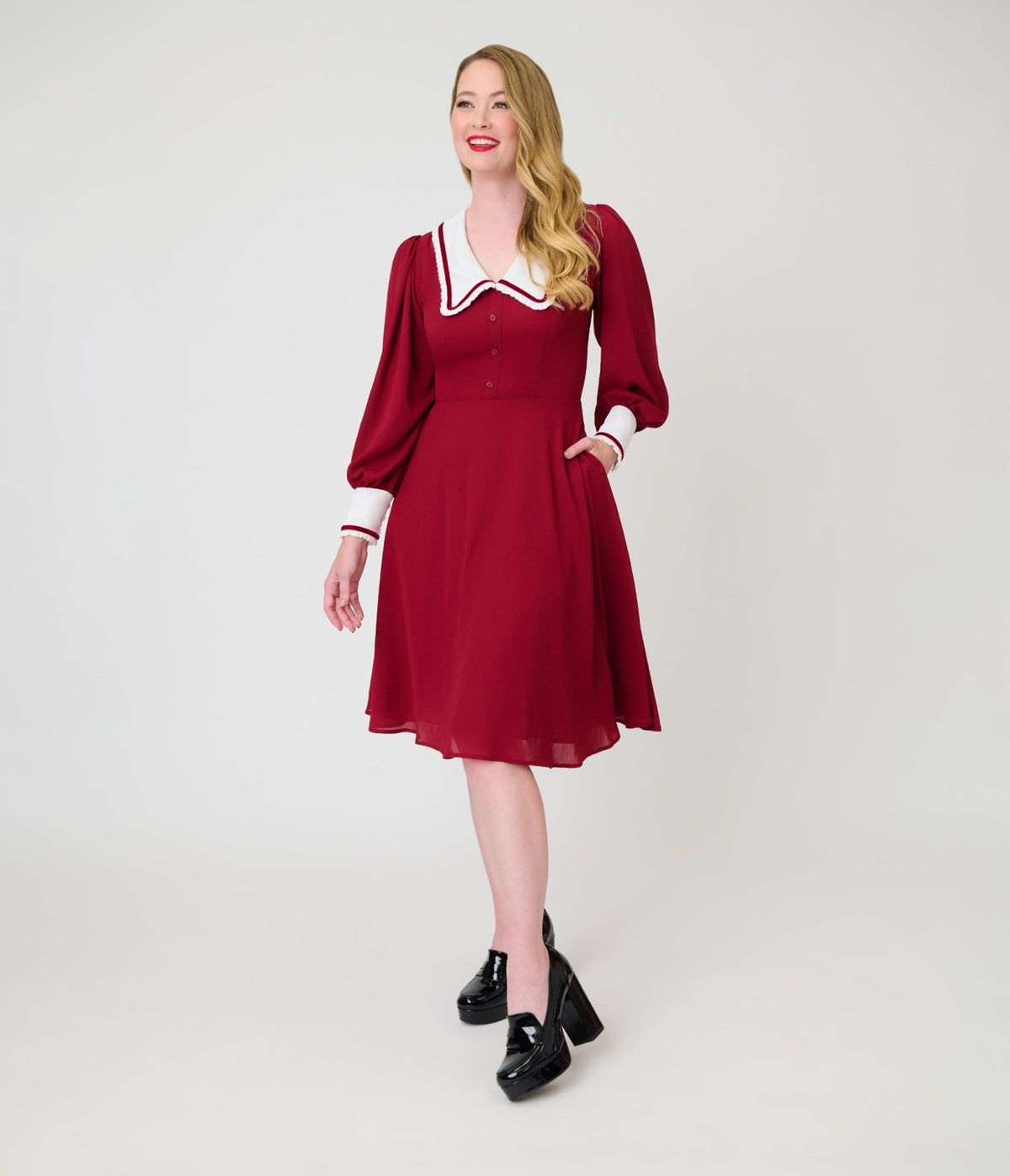 Unique Vintage Burgundy & White Pilgrim Collar Wendy Swing Dress - Unique Vintage - Swing Dress