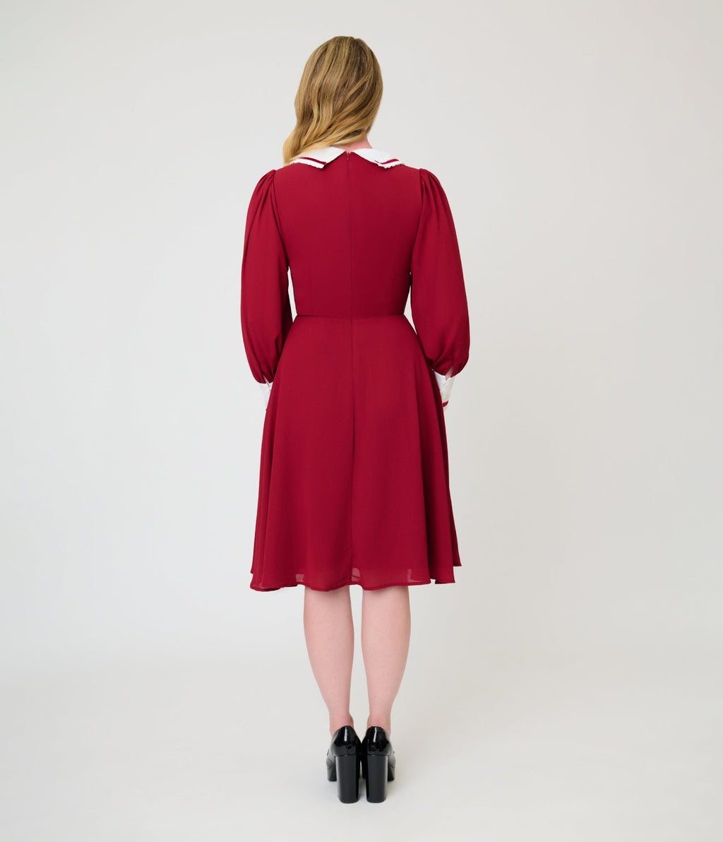 Unique Vintage Burgundy & White Pilgrim Collar Wendy Swing Dress - Unique Vintage - Swing Dress