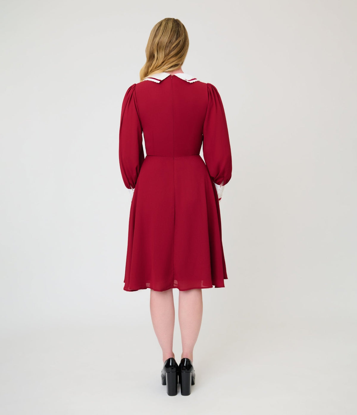 Unique Vintage Burgundy & White Pilgrim Collar Wendy Swing Dress - Unique Vintage - Swing Dress