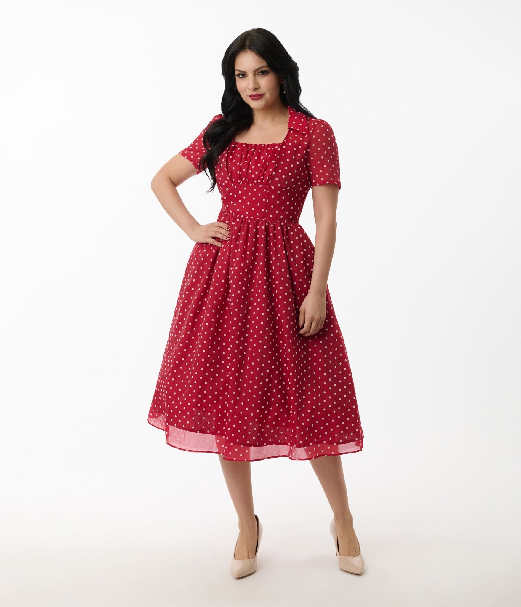 Unique Vintage Burgundy & White Swiss Dot Libby Swing Dress - Unique Vintage - Womens, DRESSES, SWING
