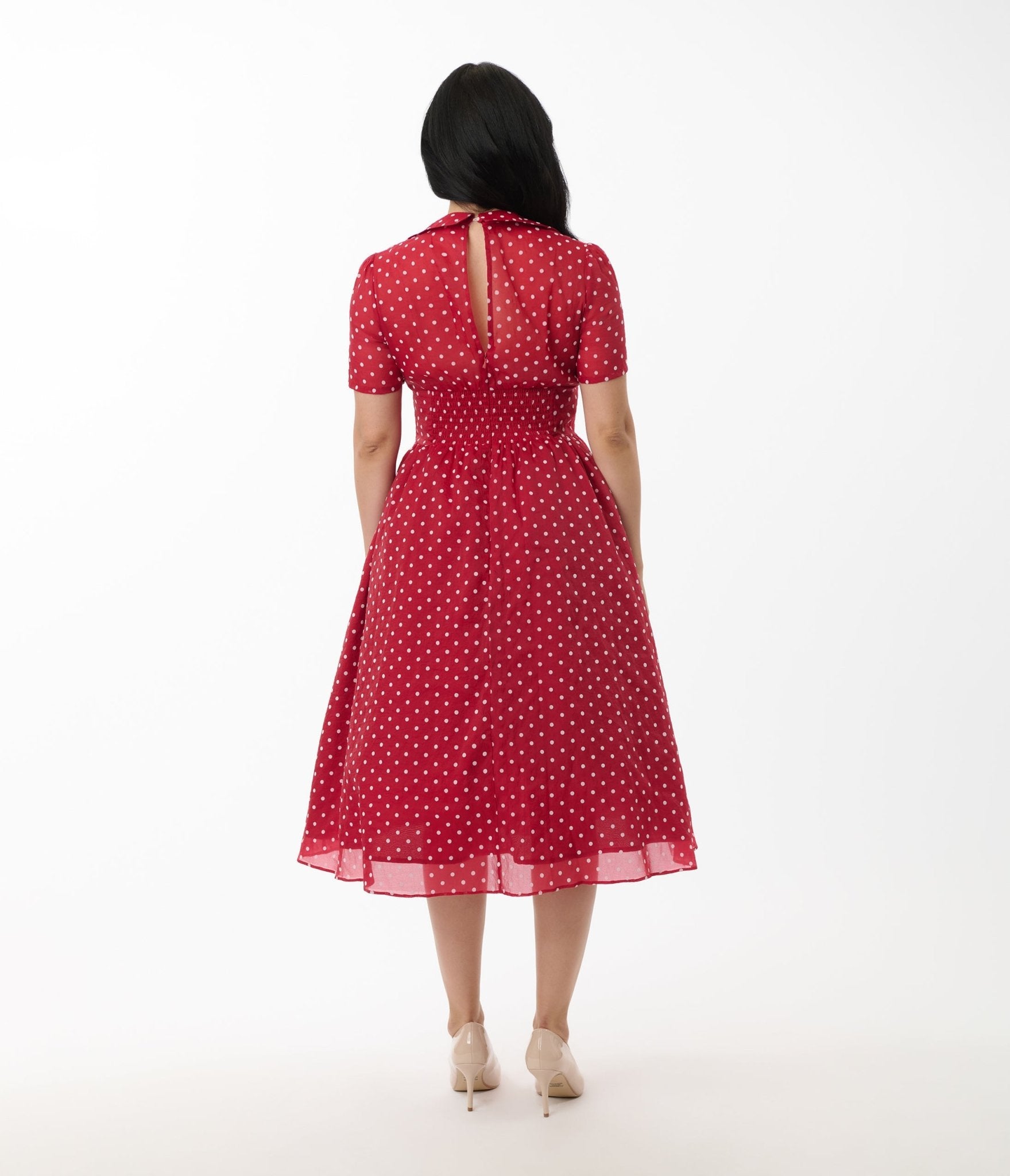Unique Vintage Burgundy & White Swiss Dot Libby Swing Dress