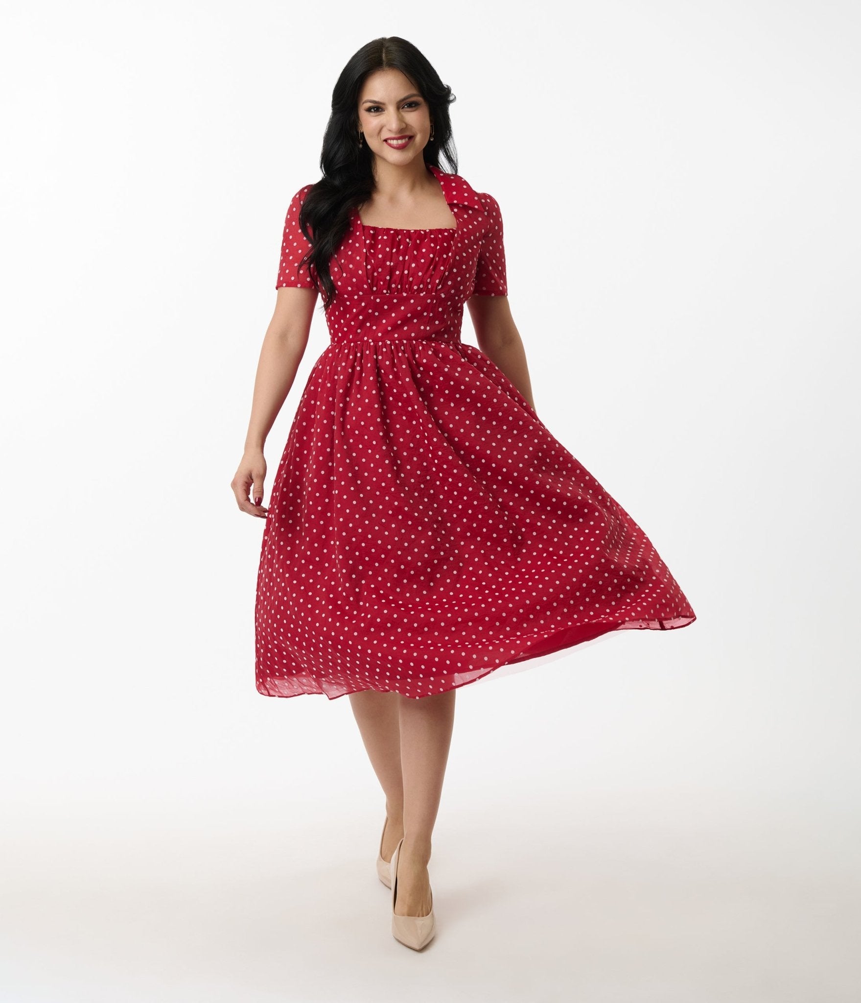 Unique Vintage Burgundy & White Swiss Dot Libby Swing Dress - Unique Vintage - Womens, DRESSES, SWING