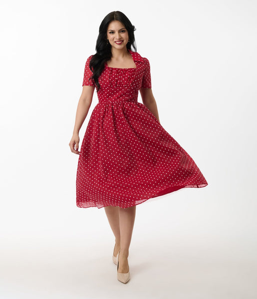Unique Vintage Burgundy & White Swiss Dot Libby Swing Dress