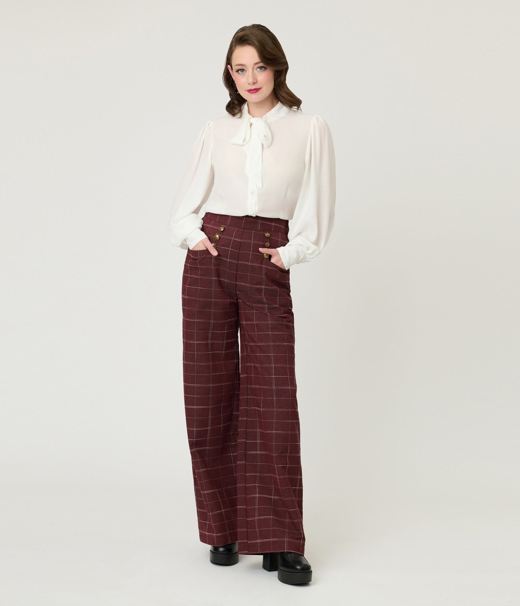 Unique Vintage Burgundy Windowpane Plaid Sailor Ginger Pants - Unique Vintage - Womens, BOTTOMS, PANTS