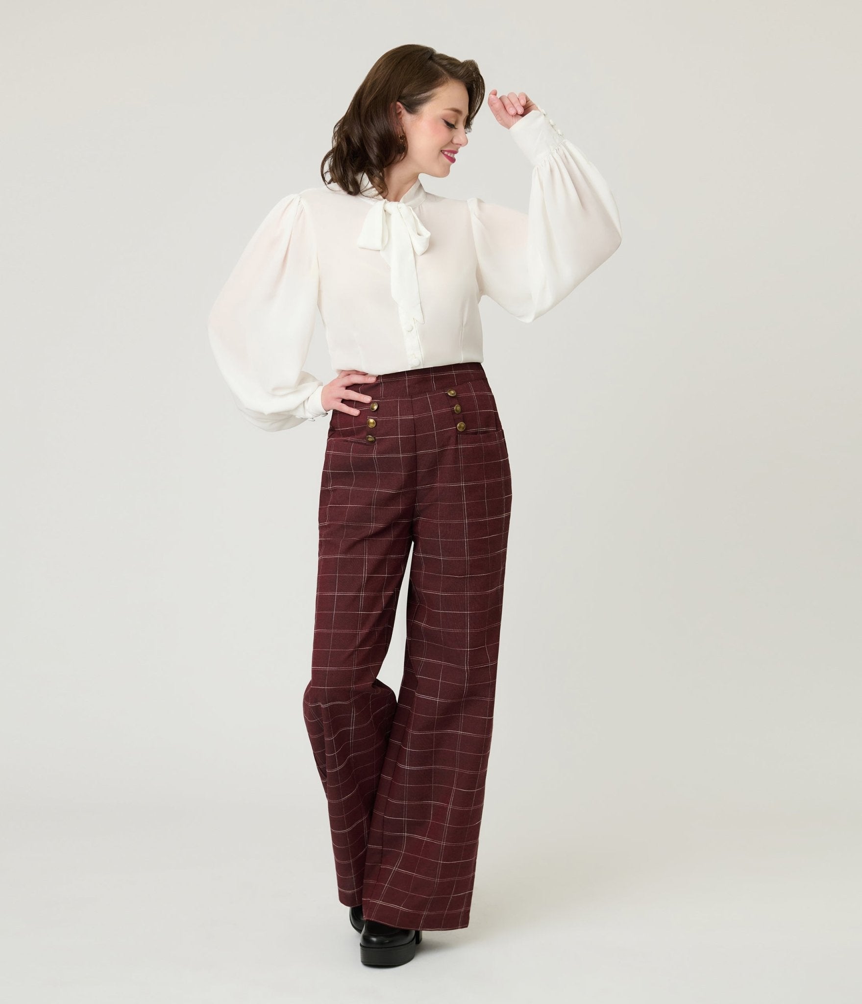 Unique Vintage Burgundy Windowpane Plaid Sailor Ginger Pants - Unique Vintage - Womens, BOTTOMS, PANTS
