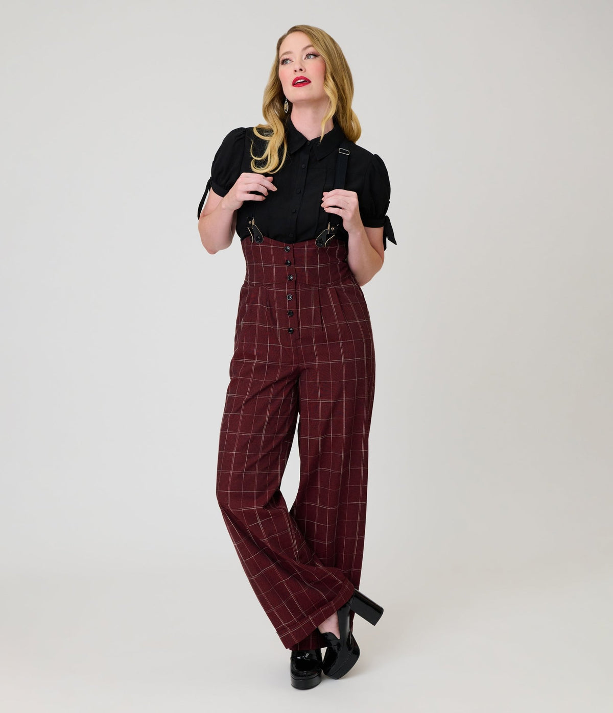 Unique Vintage Burgundy Windowpane Thelma Suspender Pants - Unique Vintage - Pants