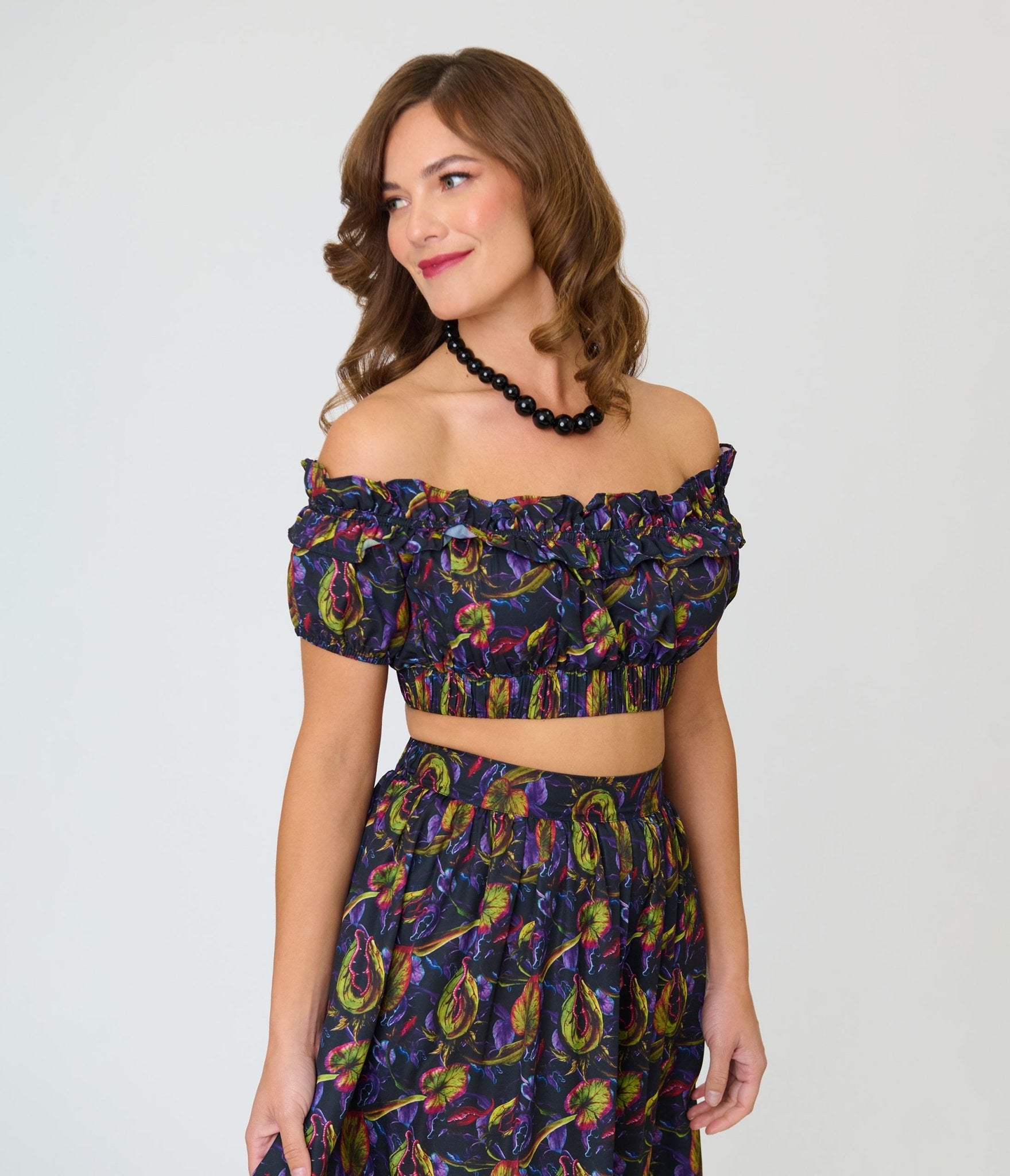 Unique Vintage Carnivorous Plants Ruffle Up Crop Top - Unique Vintage - Womens, TOPS, WOVEN TOPS