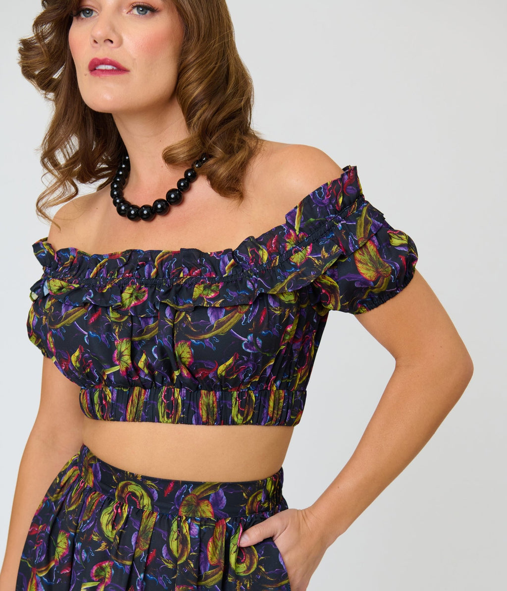Unique Vintage Carnivorous Plants Ruffle Up Crop Top - Unique Vintage - Womens, TOPS, WOVEN TOPS