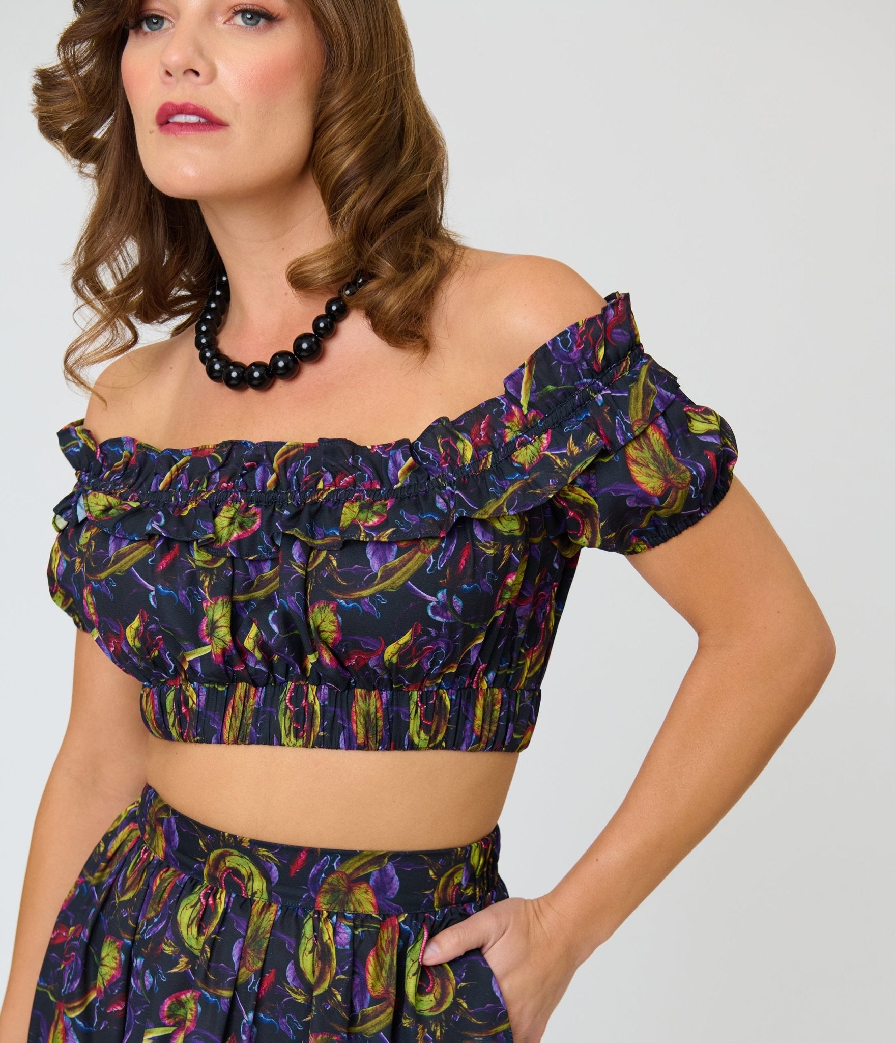 Unique Vintage Carnivorous Plants Ruffle Up Crop Top - Unique Vintage - Womens, TOPS, WOVEN TOPS
