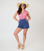 Unique Vintage Chambray & Hot Pink Gingham High Waist Shorts