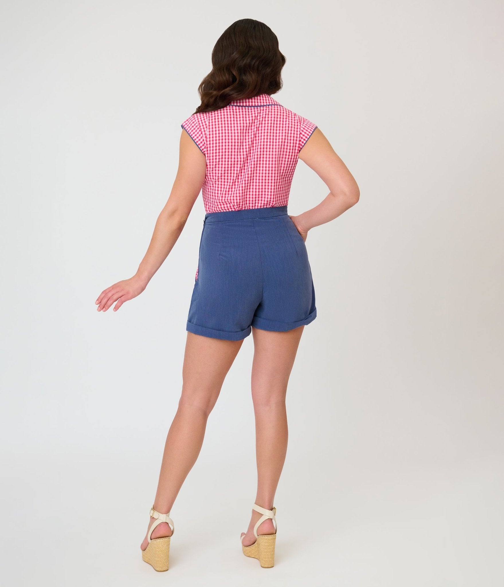 Unique Vintage Chambray & Hot Pink Gingham High Waist Shorts - Unique Vintage - Womens, BOTTOMS, SHORTS