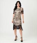 Unique Vintage Champagne & Black Beaded Fringe Sleeve Nadine Flapper Dress - Unique Vintage - Womens, FLAPPER, SLEEVED BEADED