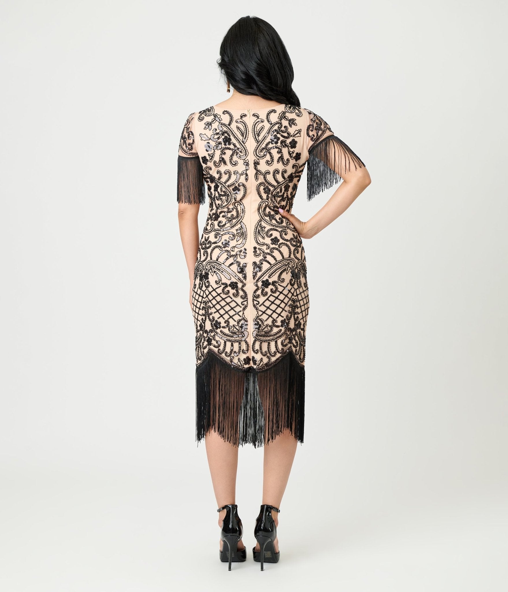 Unique Vintage Champagne & Black Beaded Fringe Sleeve Nadine Flapper Dress - Unique Vintage - Womens, FLAPPER, SLEEVED BEADED