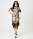 Unique Vintage Champagne & Black Beaded Fringe Sleeve Nadine Flapper Dress - Unique Vintage - Womens, FLAPPER, SLEEVED BEADED