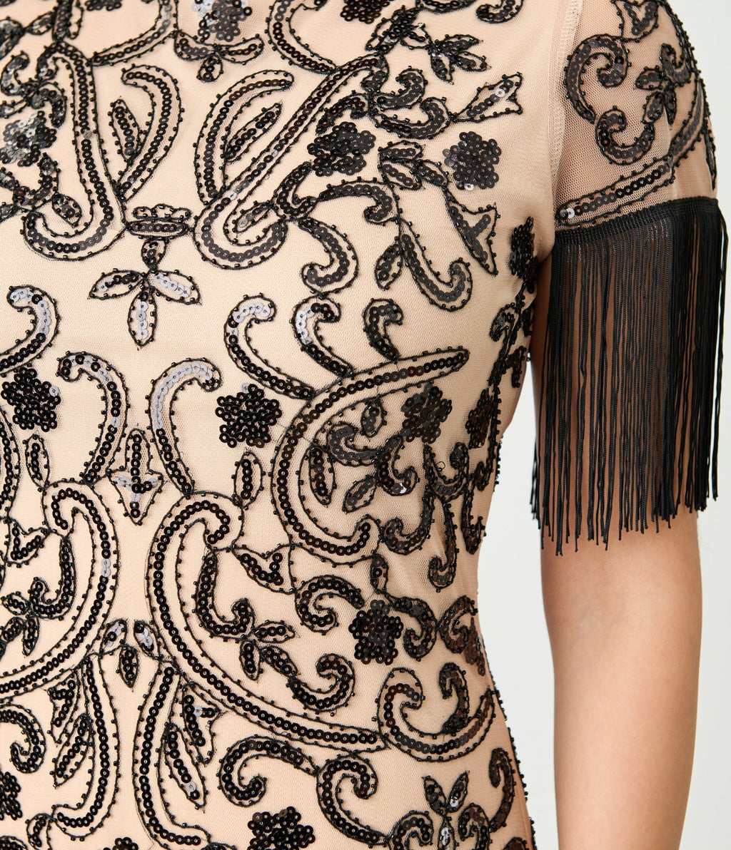 Unique Vintage Champagne & Black Beaded Fringe Sleeve Nadine Flapper Dress - Unique Vintage - Womens, FLAPPER, SLEEVED BEADED