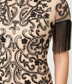 Unique Vintage Champagne & Black Beaded Fringe Sleeve Nadine Flapper Dress - Unique Vintage - Womens, FLAPPER, SLEEVED BEADED