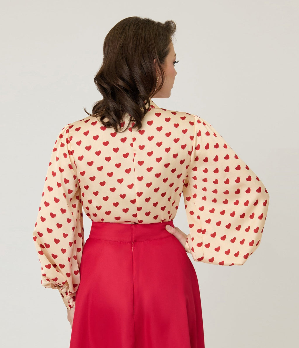 Unique Vintage Champagne & Red Hearts Long Sleeve Gwen Blouse - Unique Vintage - Womens, TOPS, WOVEN TOPS
